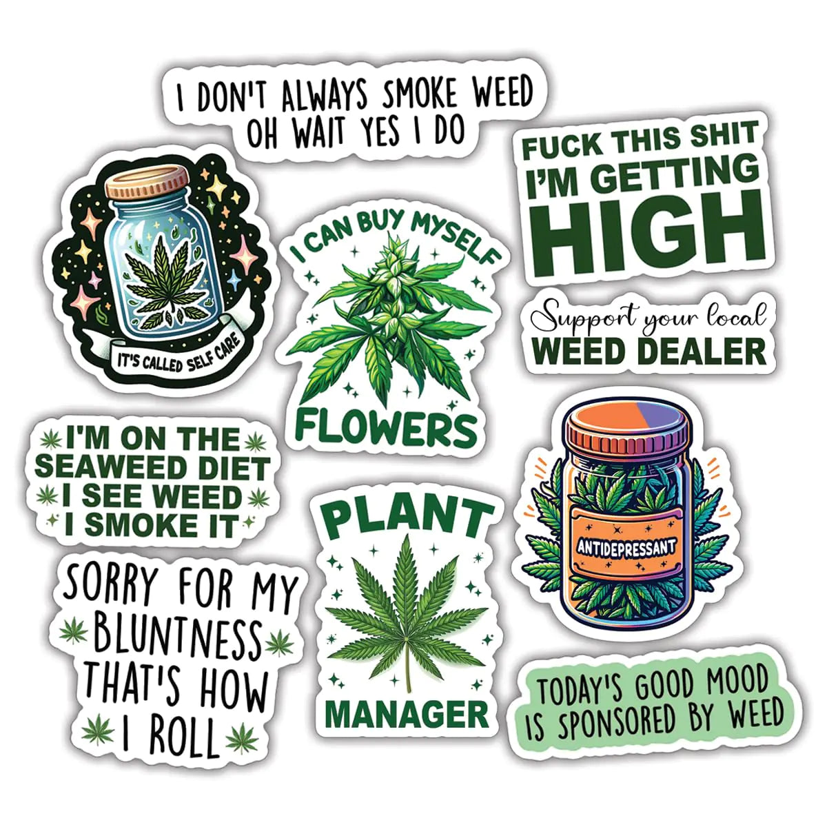 (10pcs) Weed Stickers Funny Weed Pot Stickers Pack Funny Gifts Multiple Different Design Waterproof UV- Resistant Suitable for Tumbler Laptop Car Truck