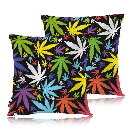 Swono Cannabis Leaves Decorative Throw Pillow Covers Pack of 2 Colorful Marijuana Leaf Floral Pillow Cushion Cases 18"X18" Square Pillowcases Decoration for Sofa Couch Bedroom Living Room Car