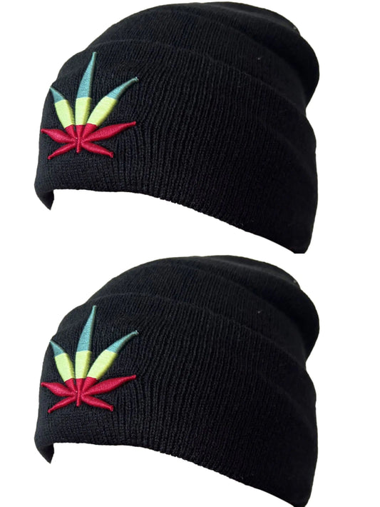 Pack of 2X Embroidery Weed Design Marijuana Leafs Foldable Knit Beanie -One Size