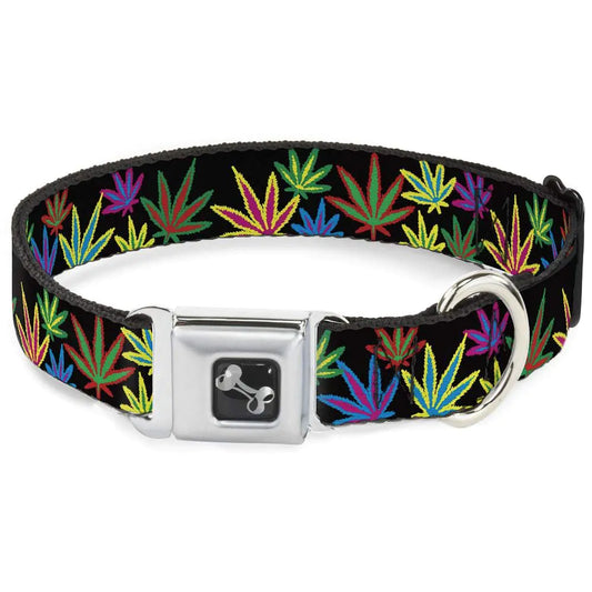 Dog Collar Bone - Multi Marijuana Leaves Black Multi Color - Medium 11-17"